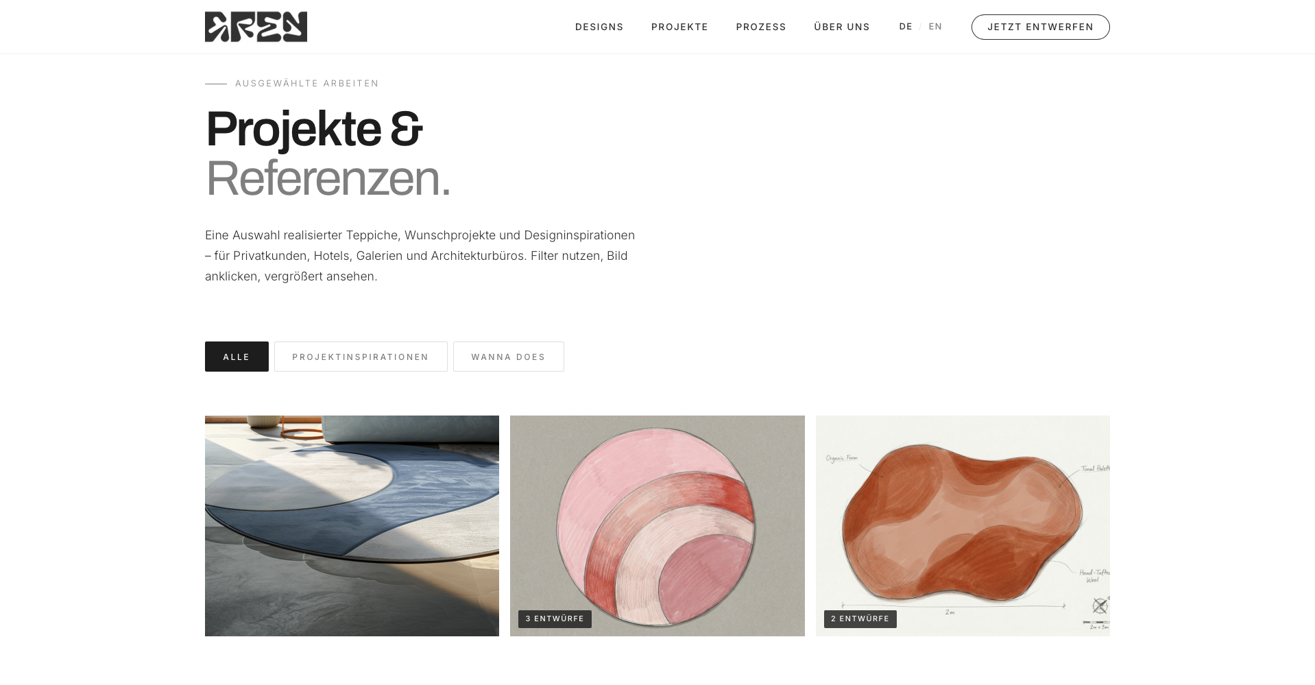 Galerie-Grid mit organischen Teppich-Fotos und Kategorie-Filter